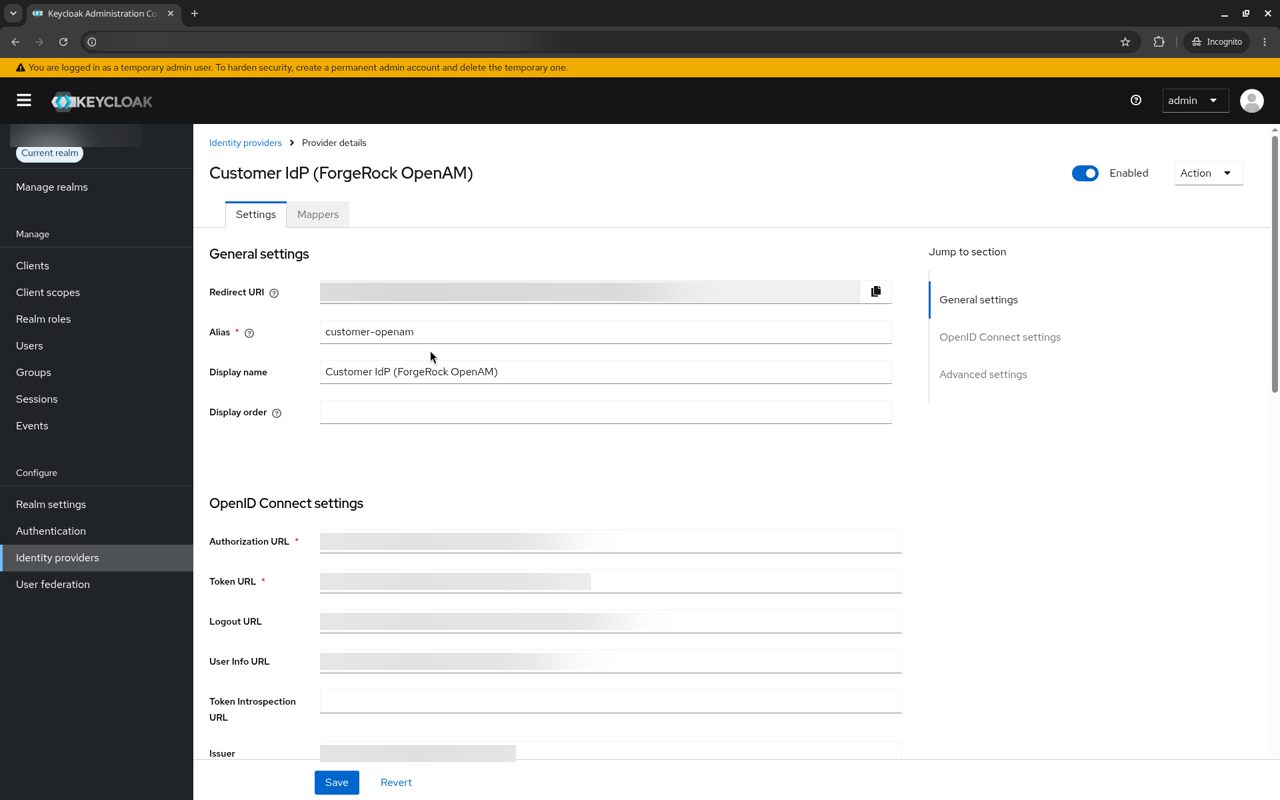 Identity provider settings in Keycloak