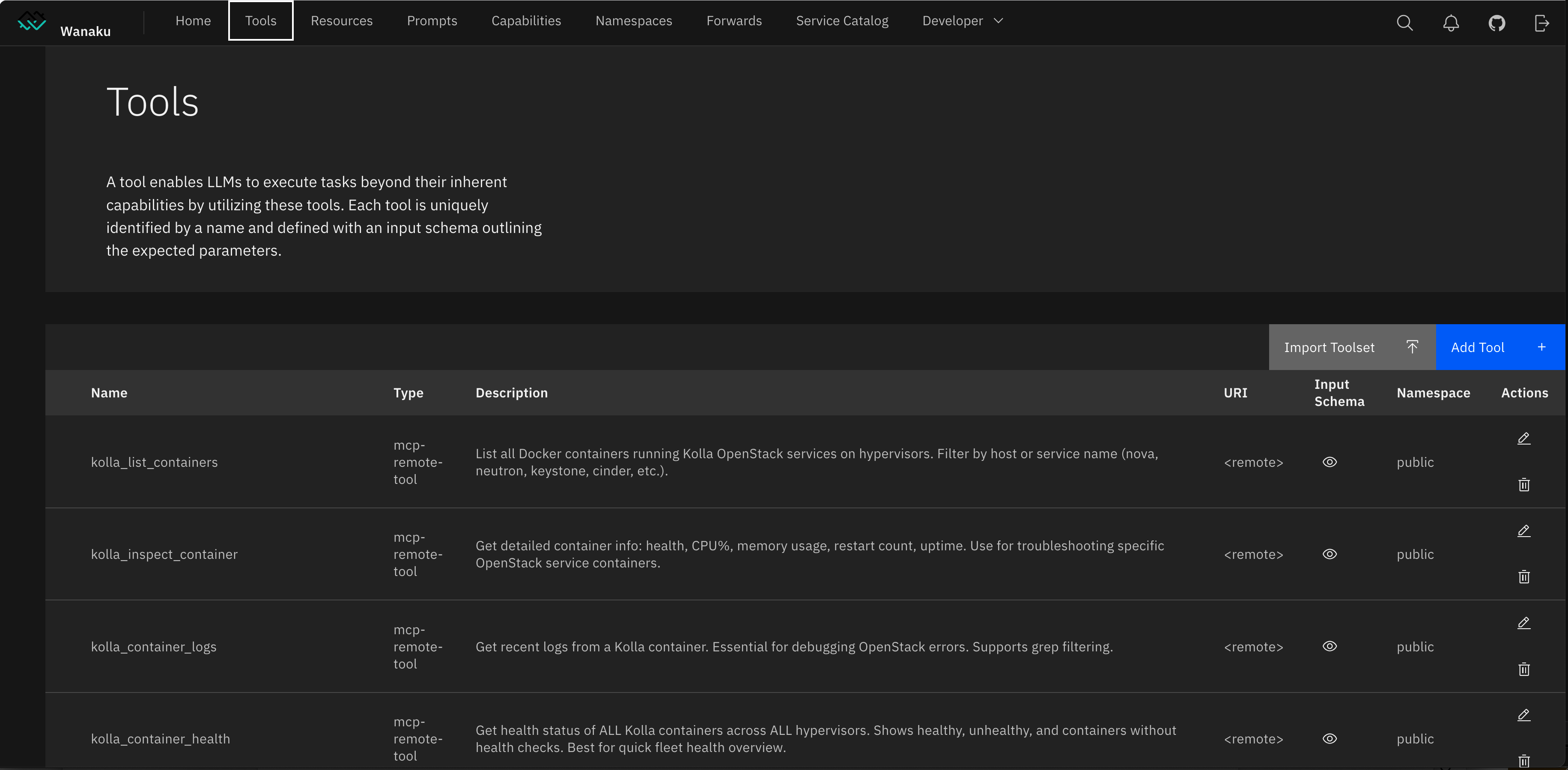 Wanaku Tools tab showing kolla MCP tools registered as mcp-remote-tool forwards in the public namespace